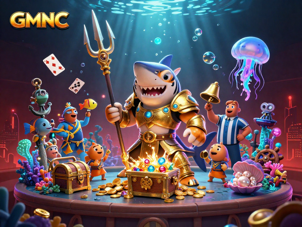 GMNC showcases a vibrant underwater casino scene with a tiger shark in gladiator armor.