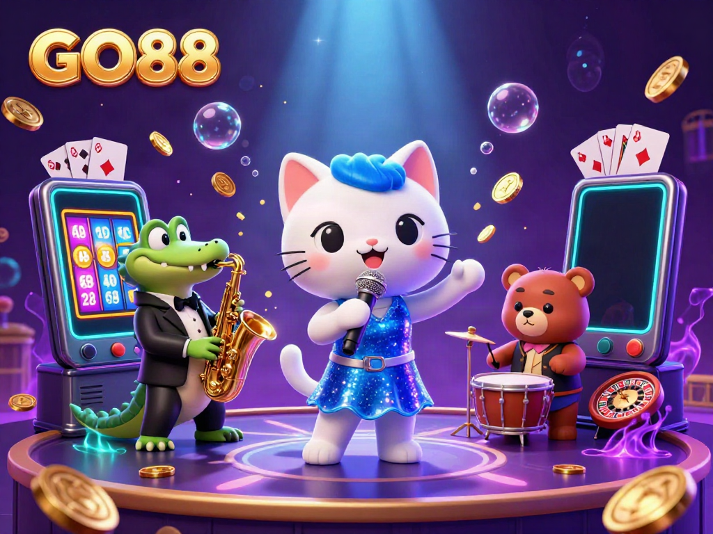 Experience the excitement of GO88 with a vibrant casino scene featuring a jazz-singer cat, saxophone crocodile, and drum-playing bear.