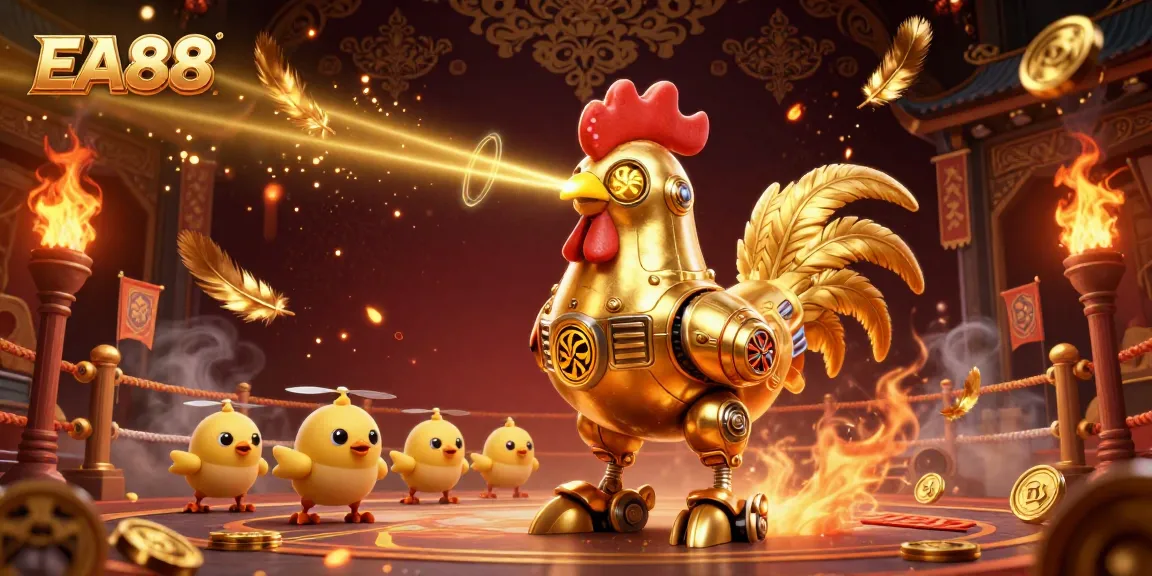 Experience EA88's vibrant casino scene with a golden rooster robot and baby chick drones generating excitement.