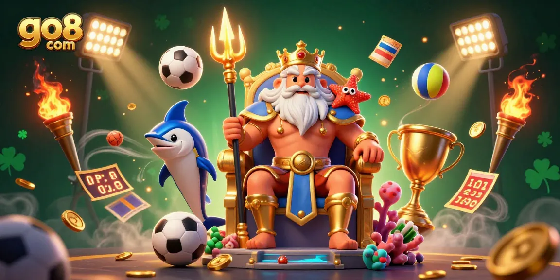 Win big at go8 com with this vibrant illustration of Neptune and sports elements.