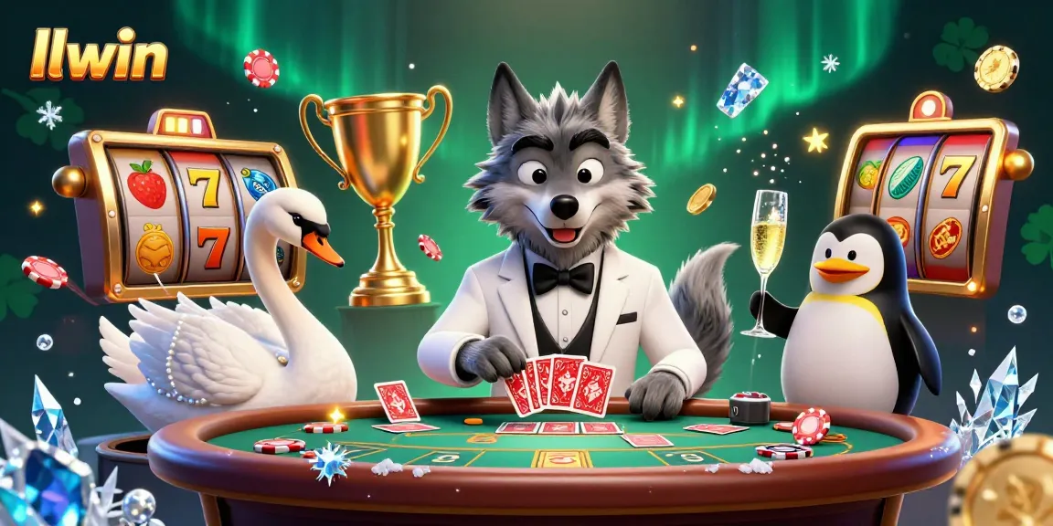 Experience the excitement at LLWIN with a wolf dealer, swan card dealer, and penguin sommelier in a vibrant casino.