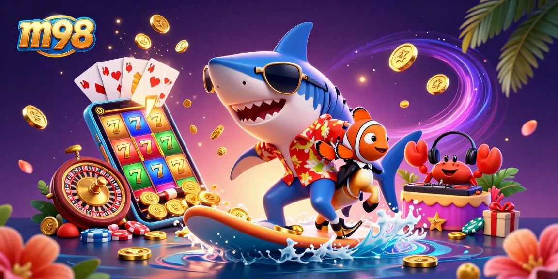 Experience m98 excitement with a shark surfing on gold coins amid vibrant slot game elements.