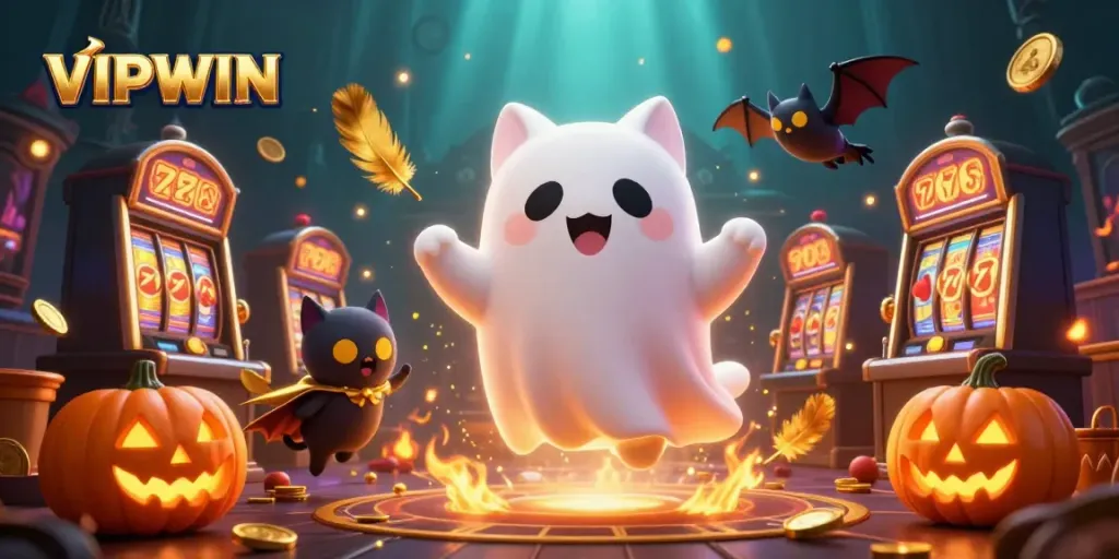 Experience the thrill of VIPWIN's haunted casino with a ghost cat and vampire bat amidst glowing jack-o-lanterns.