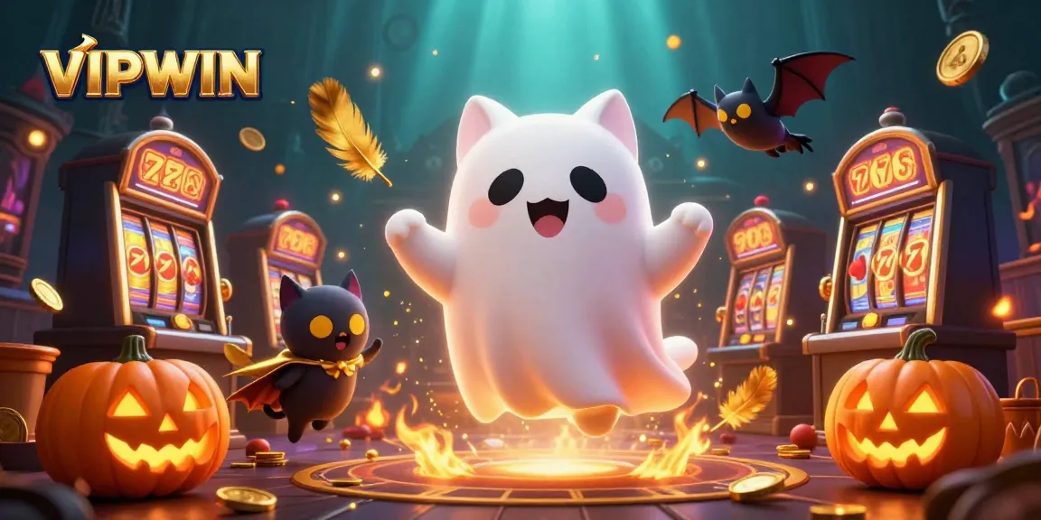 Experience the thrill of VIPWIN's haunted casino with a ghost cat and vampire bat amidst glowing jack-o-lanterns.