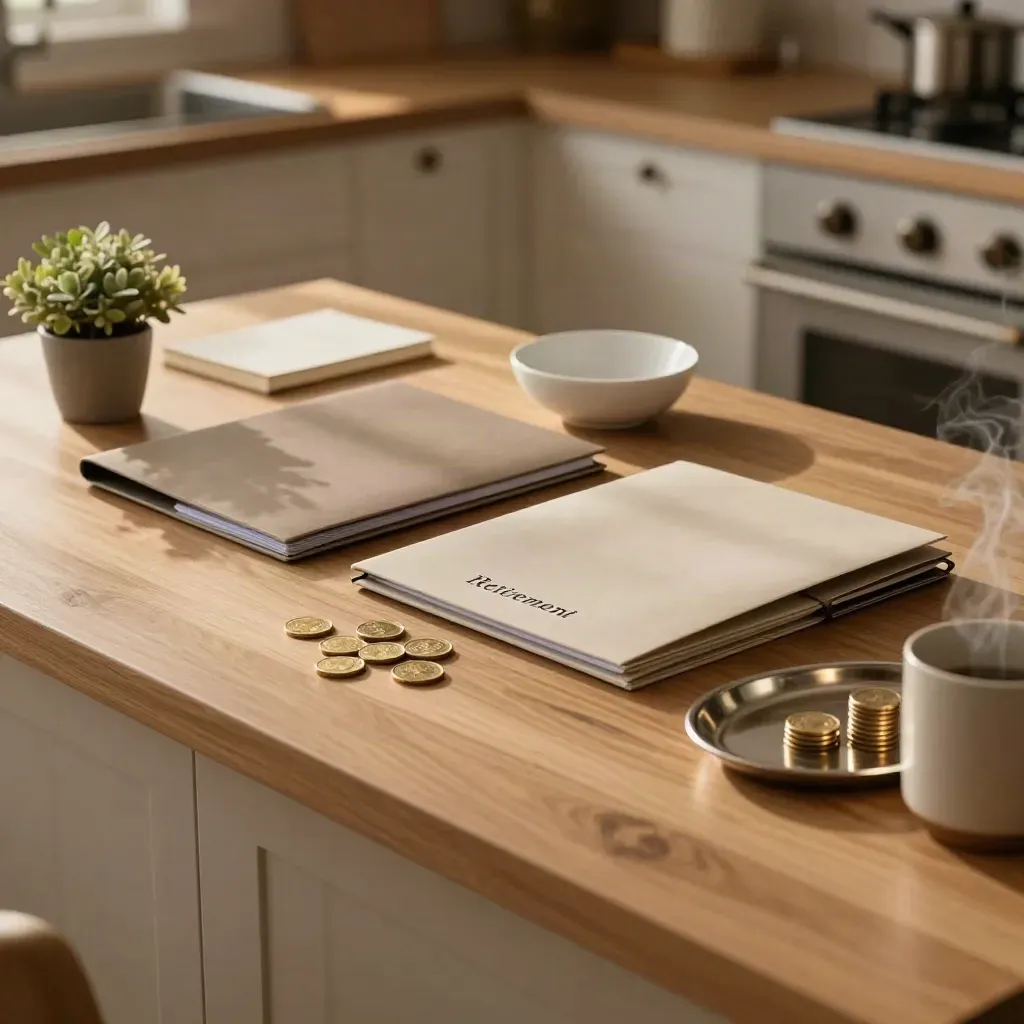 Kitchen table with pension folders, coin groups, notebook, plant, and steam from a mug