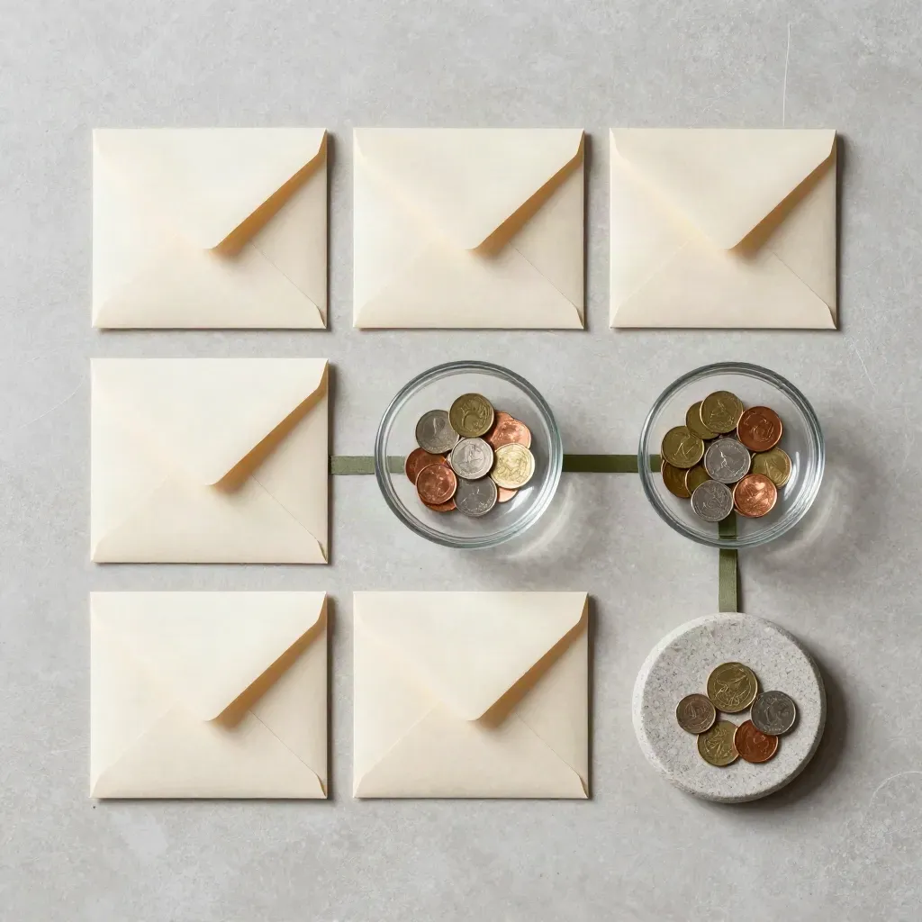 Top-down cash flow envelopes, bowls, and coins arranged on a plaster table.