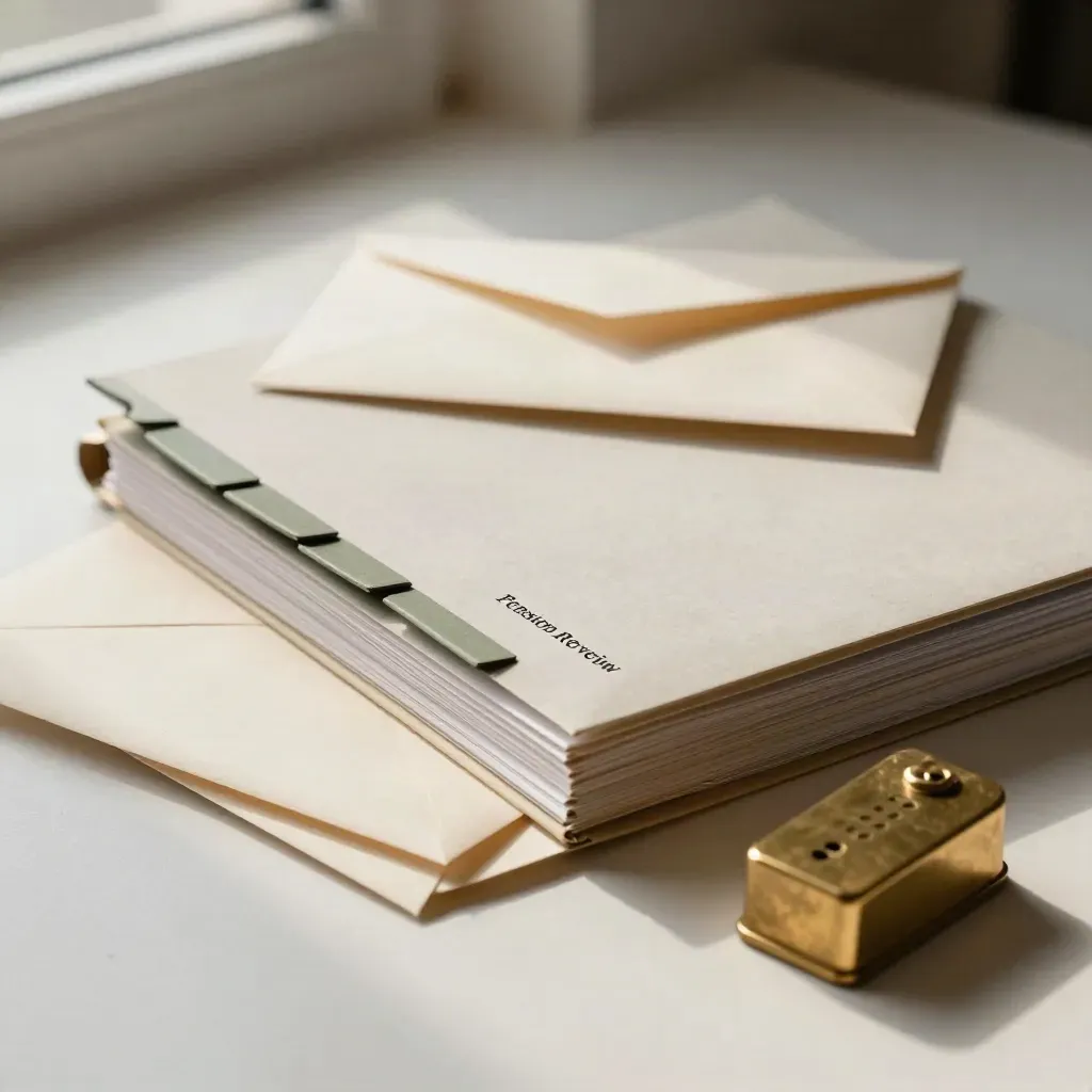 Overhead finance workspace with a clipped folder, sealed envelope stack and brass weight on pale plaster.