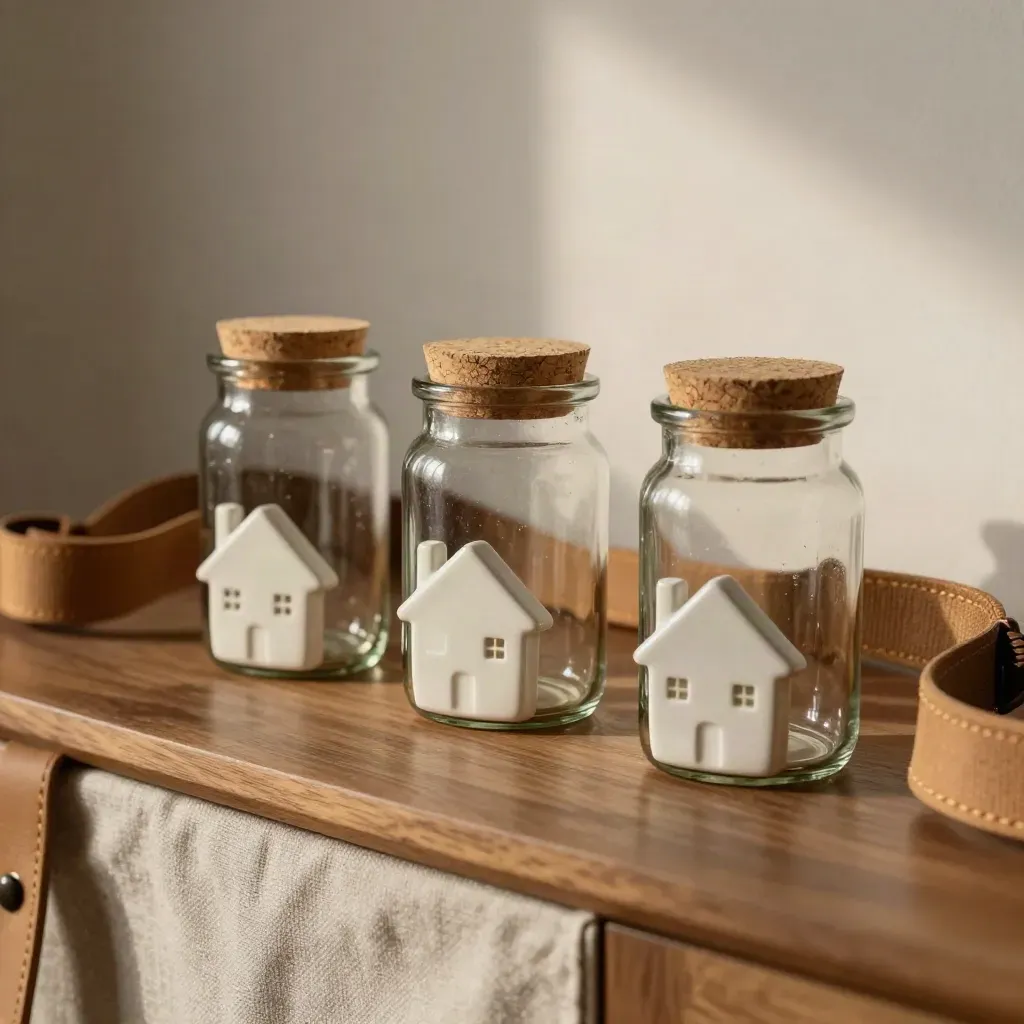 Three savings jars around a ceramic house token on a walnut sideboard with a school strap.