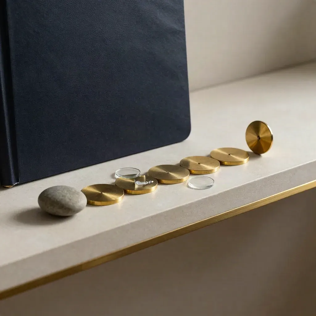 Brass, stone, and glass investing tokens on a pale shelf with a dark folder in soft evening light.