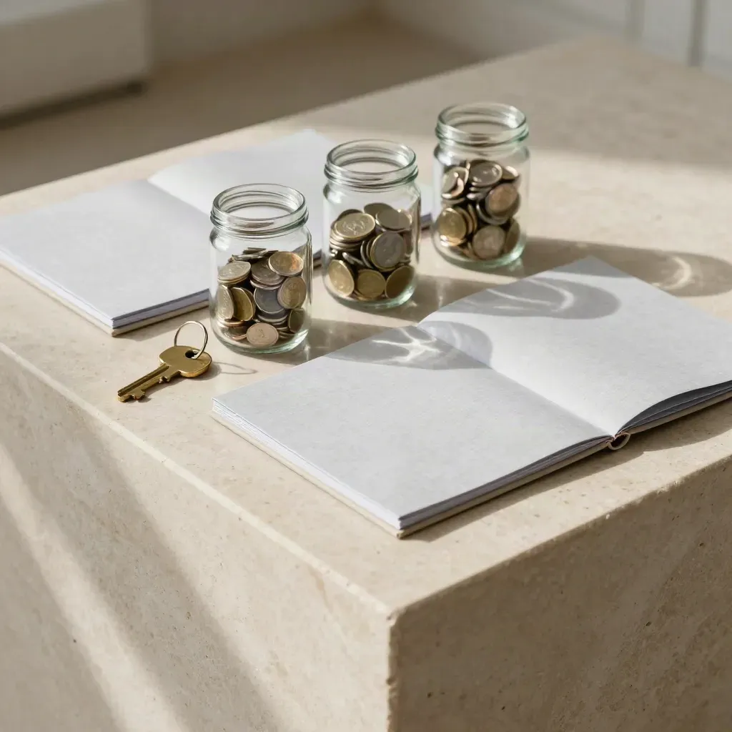 Pension folders, savings jars and a house key arranged diagonally on pale travertine.
