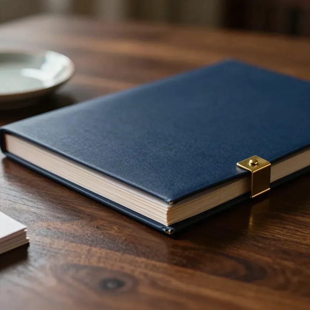 Navy pension folder, brass clip and ceramic dish on walnut in soft overcast light.