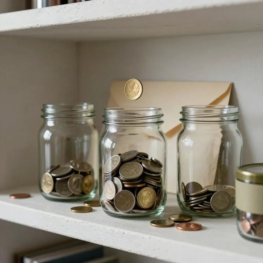 Three cash jars on a plaster shelf, one coin caught mid-drop beside a folded envelope.