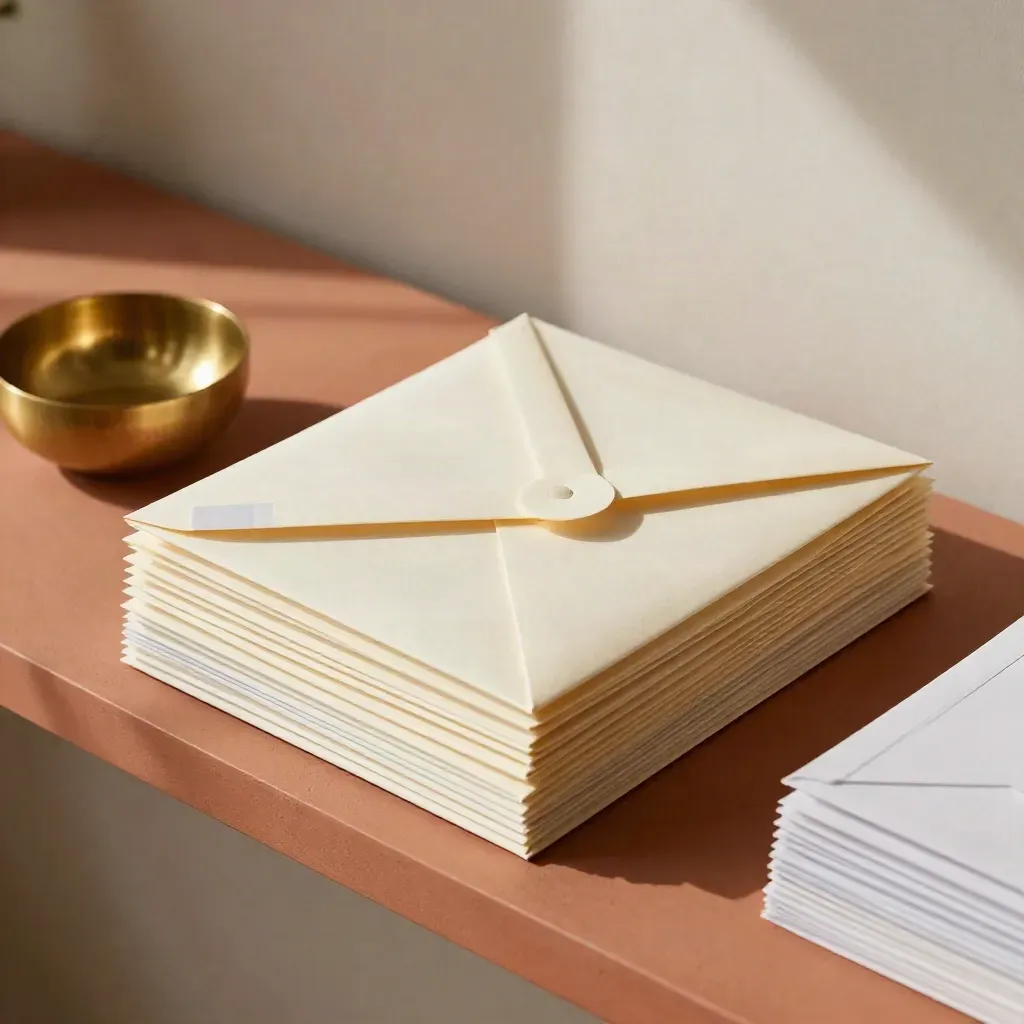 Tax-year envelopes stacked beside colour tabs and a brass bowl in warm spring light.