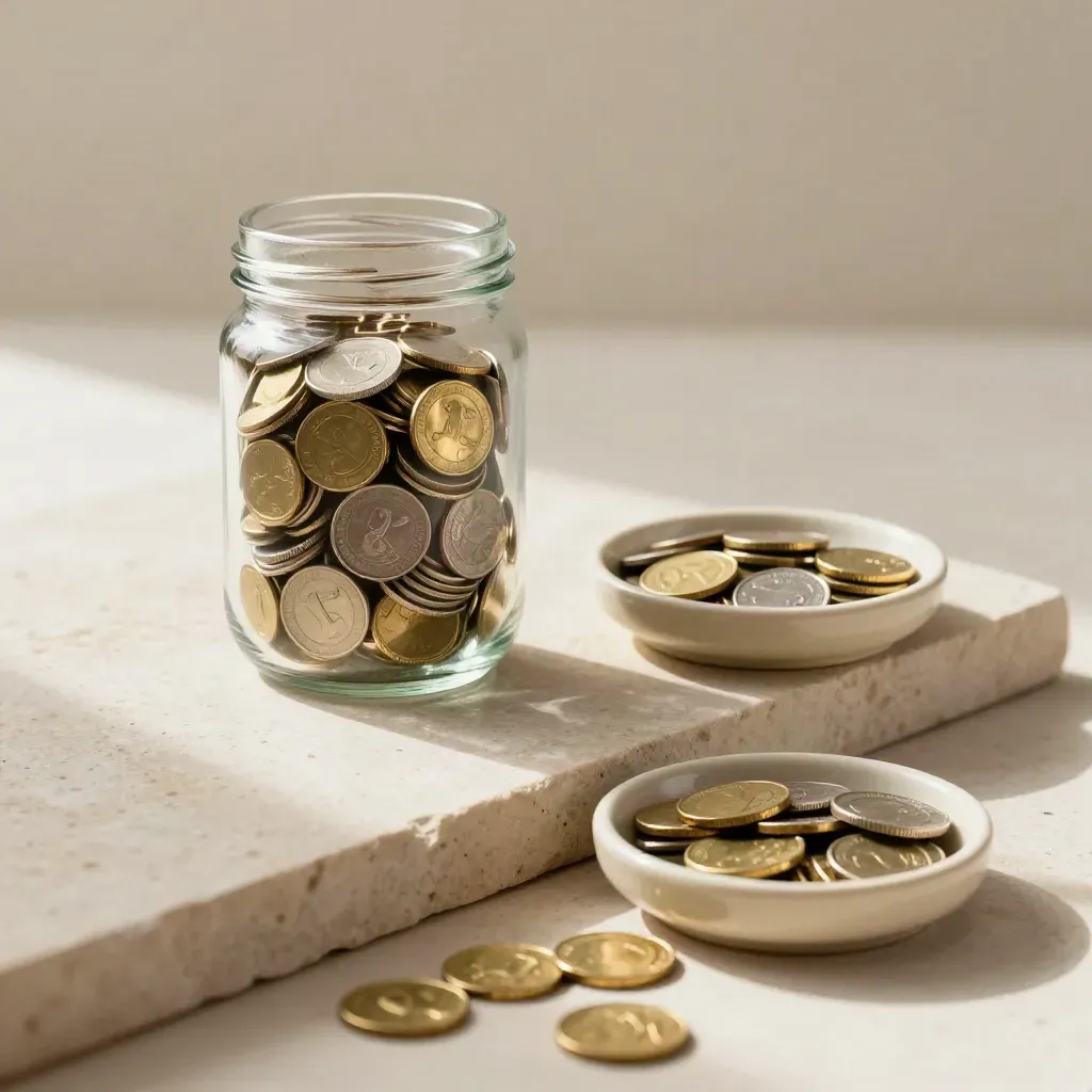 Glass ISA jar with coin dishes on pale stone ledge, lit by bright morning haze.