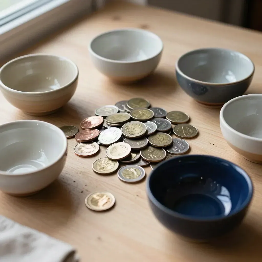 Top-down family budget setup with ceramic bowls and coins on pale wood, warm light.