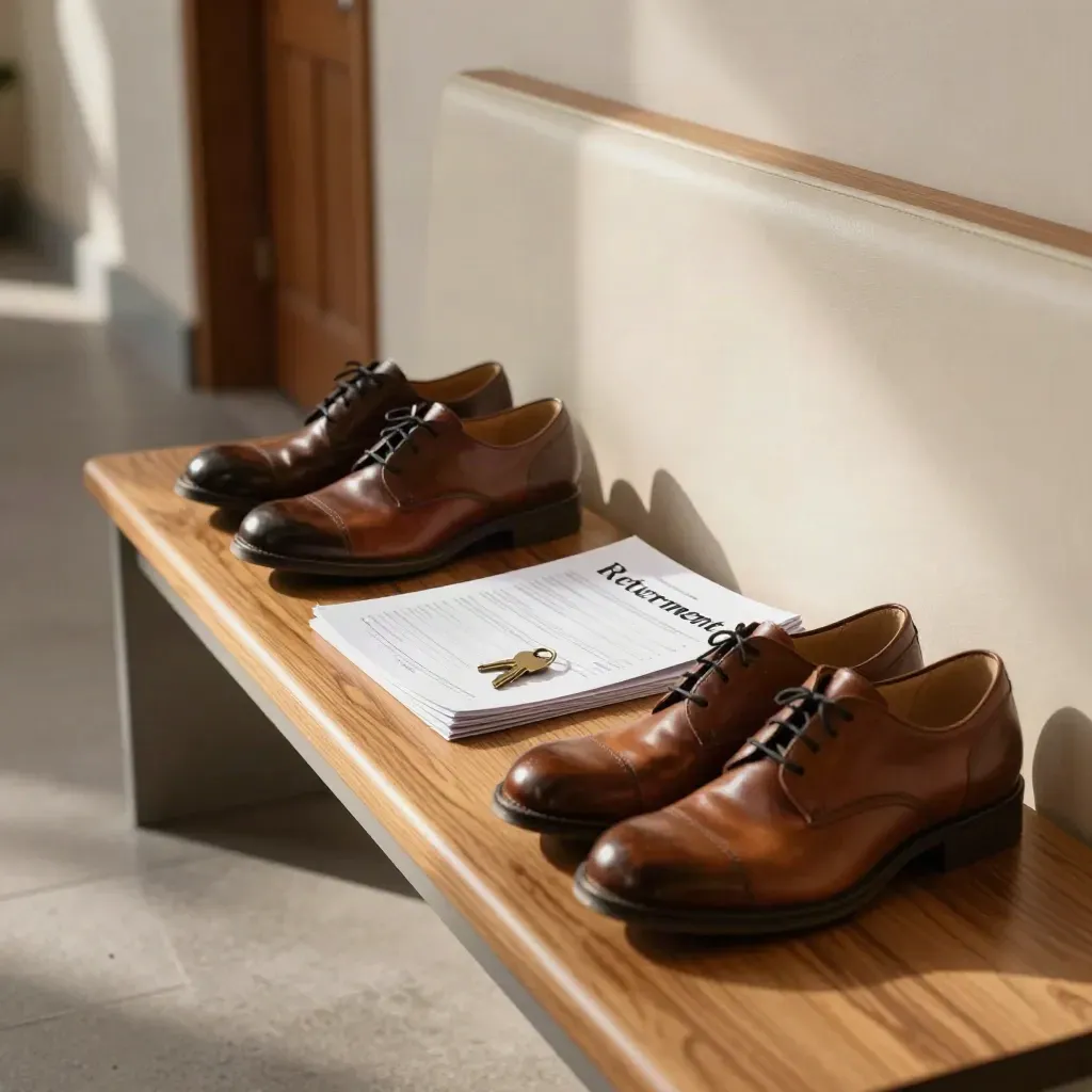 Travel shoes, closed retirement folder and house key on a sunlit hallway bench.