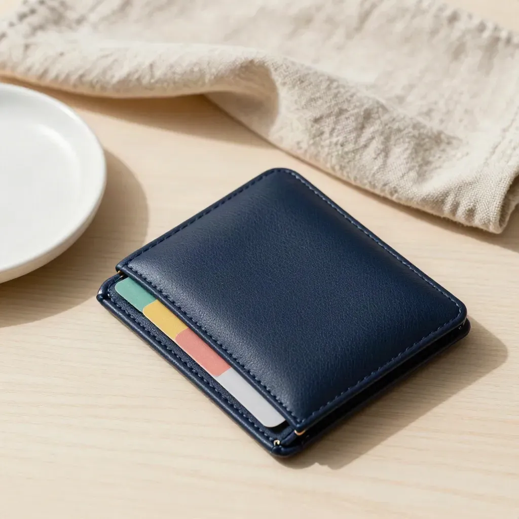 Navy policy wallet with colour tabs, ceramic dish and oat cloth on pale wood.