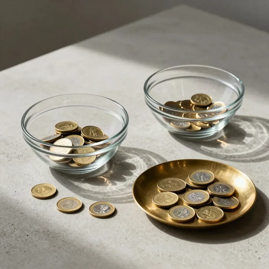 Overhead glass bowls and brass coin tray with coins mid-transfer on pale stone.