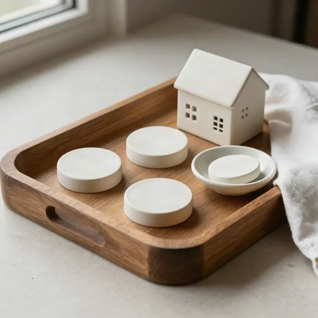 Oak tray with goal tokens, small house model, and folded cloth on pale stone