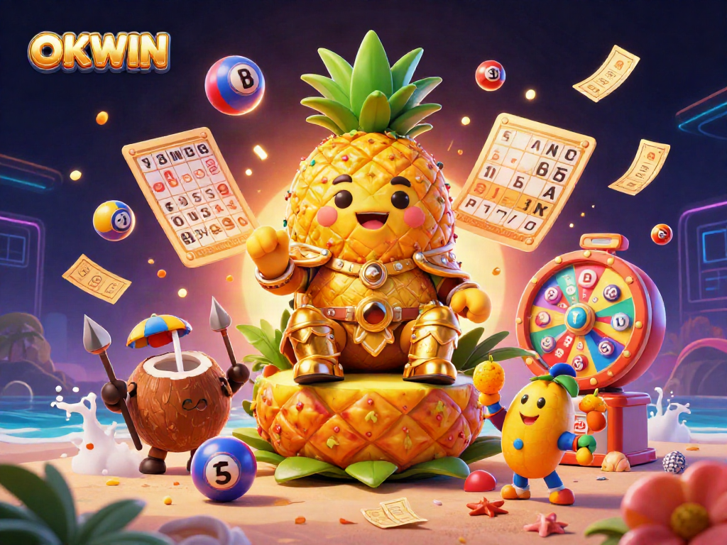 Engage with the vibrant atmosphere of OKWIN, featuring a golden pineapple king surrounded by lively lottery elements in a dynamic casino setting.