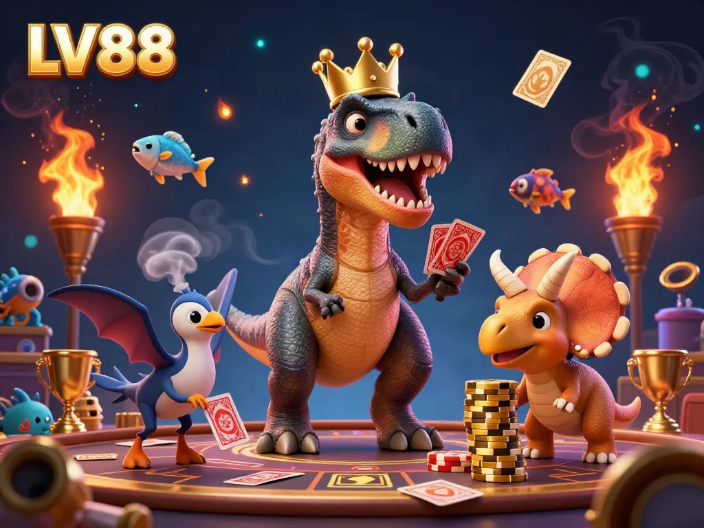 Engage with LV88's vibrant gaming scene featuring a T-Rex and friends in a dynamic casino environment.
