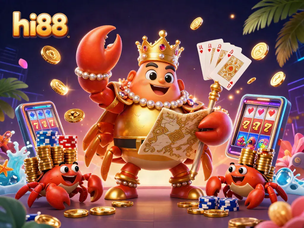 Win big at hi88 with a golden crab emperor leading a vibrant casino scene filled with treasures.