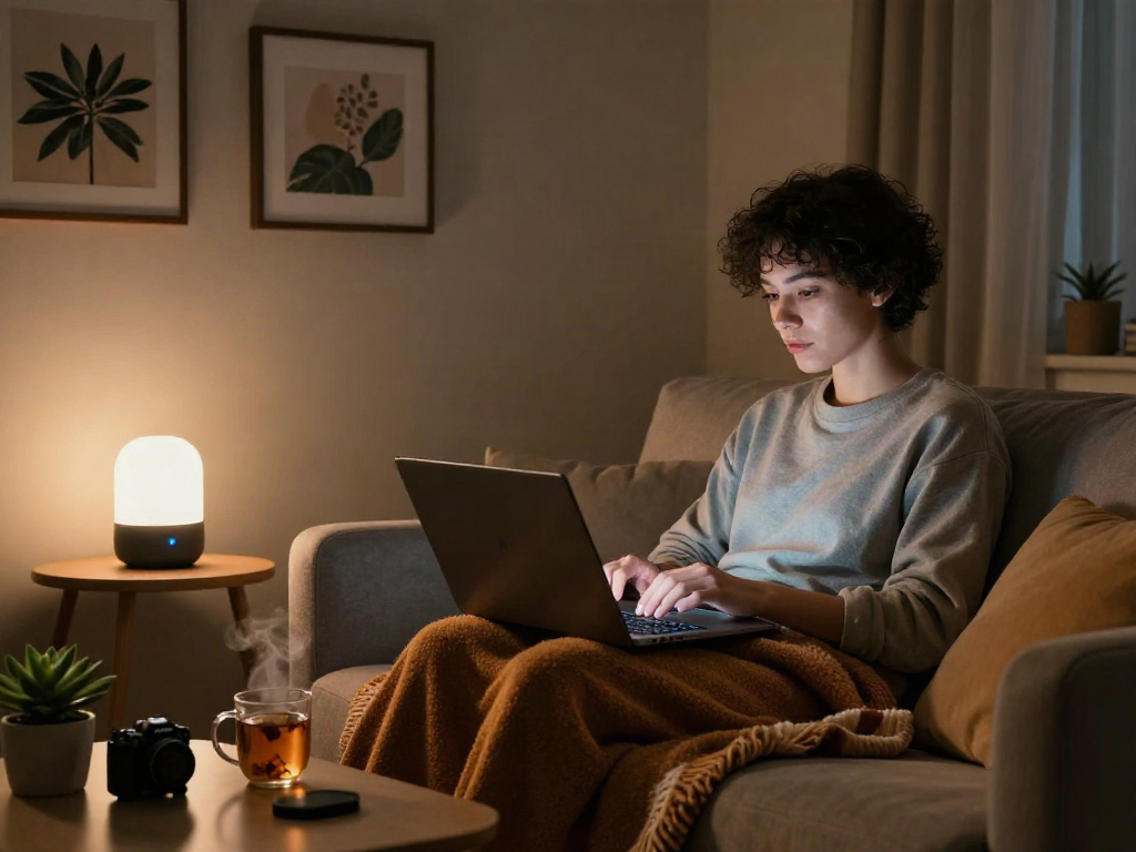 Engaging in AI porn chat on a laptop in a cozy living room.