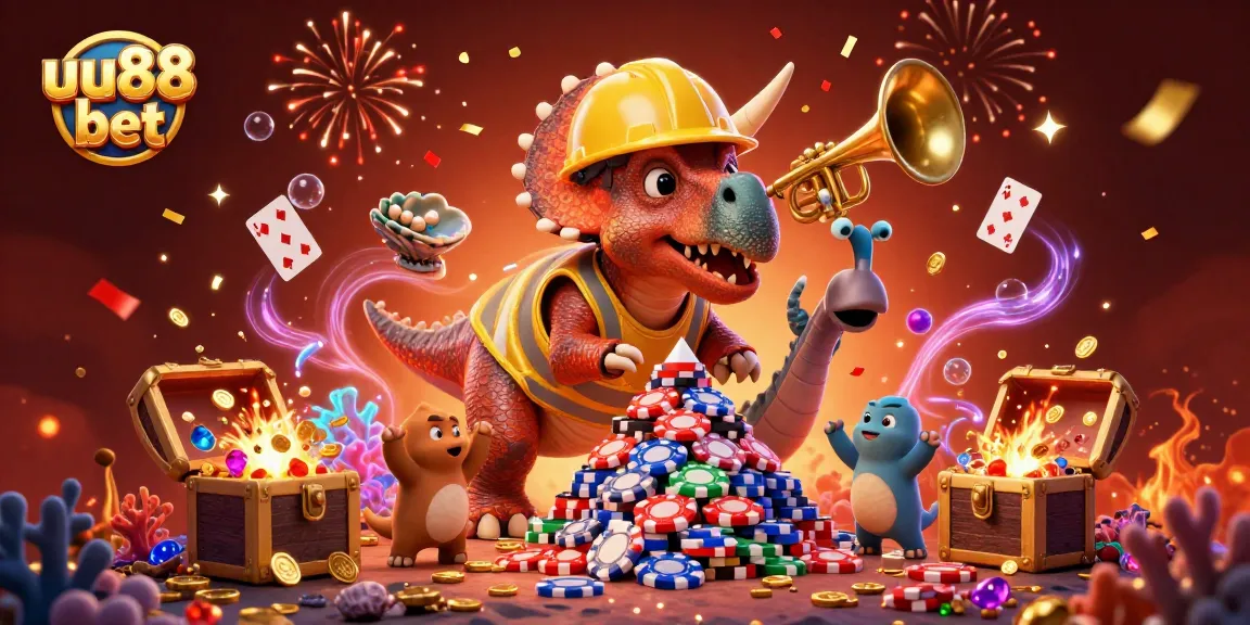 Create winning strategies at uu88 bet with a lively casino-themed illustration featuring triceratops and gaming elements.