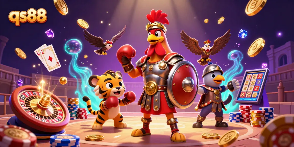 Engage with qs88's thrilling gaming scene featuring a gladiator rooster and vibrant casino elements.