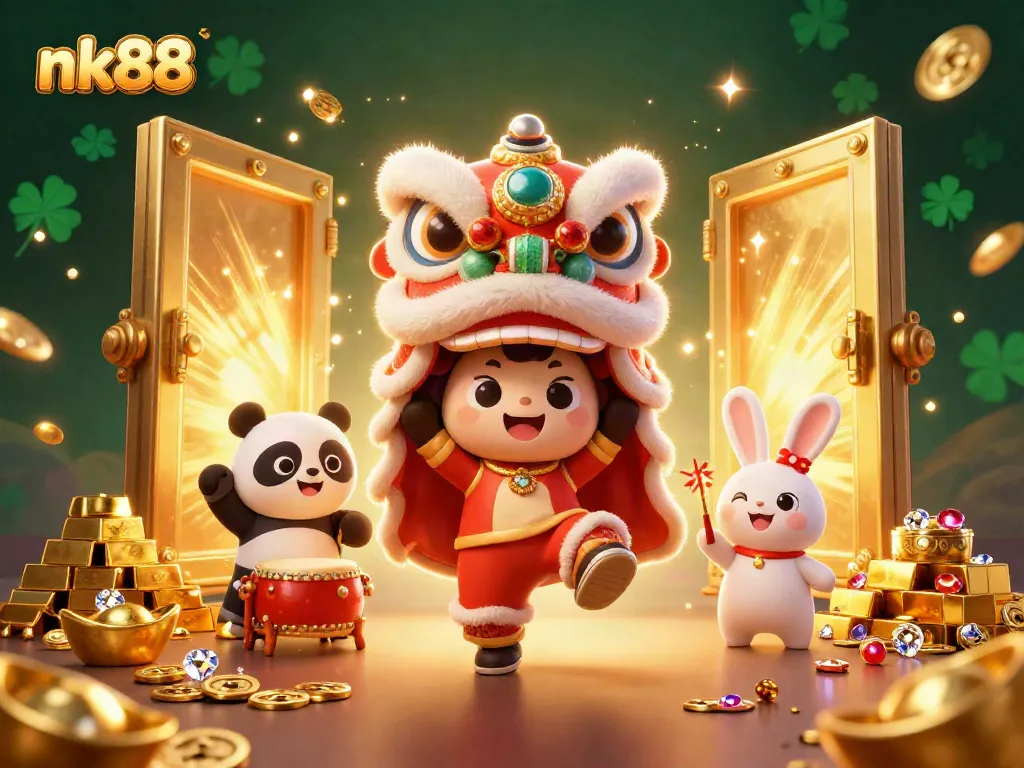 Engage in thrilling gaming at nk88 with a vibrant lion dance surrounded by treasures.
