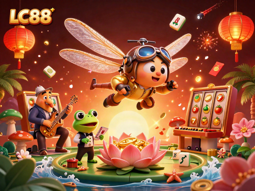 Experience winning with LC88 in this vibrant casino scene filled with slot reels and energetic characters.
