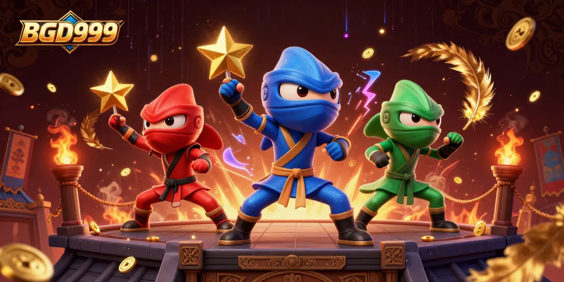 BGD999 showcases a dynamic 3D casino-themed illustration featuring three ninja chameleons in martial arts poses.