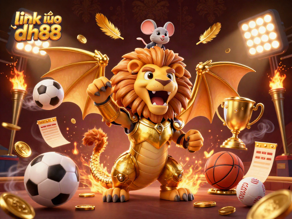 Experience excitement with the link vào dh88 gaming scene featuring a heroic chimera, sports elements, and dynamic action.