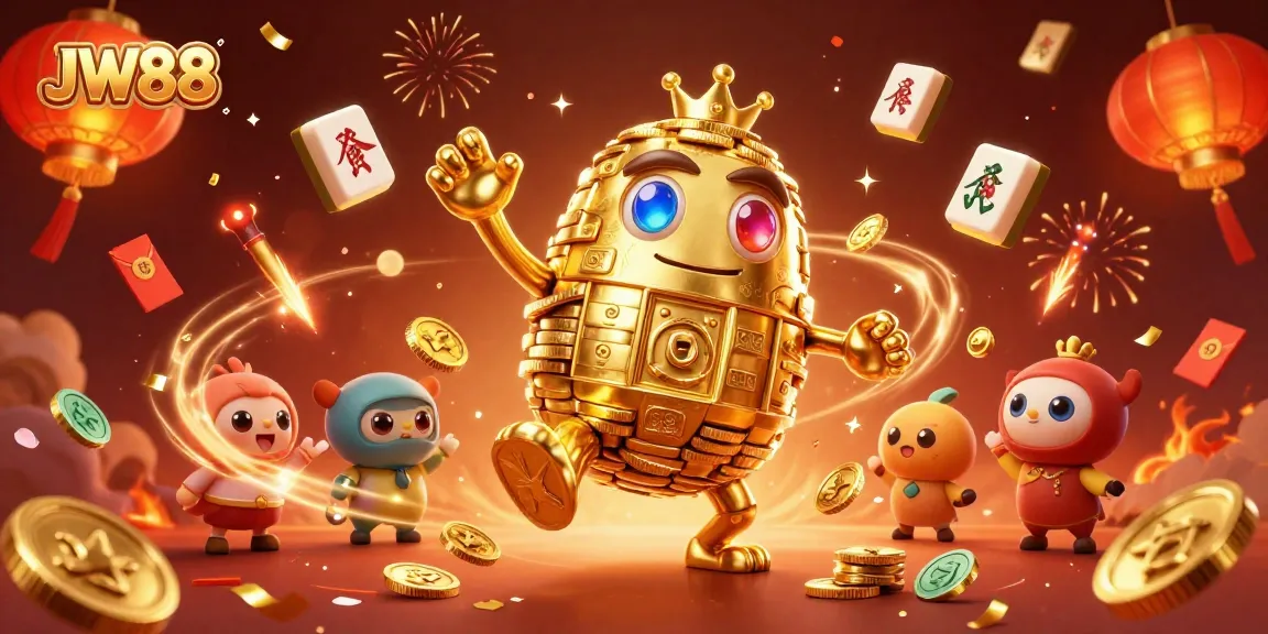 Engage with JW88's thrilling 3D casino action featuring a golden golem and vibrant game elements.