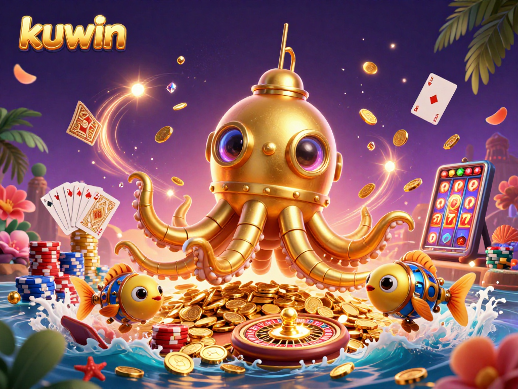 Kuwin enhances your gaming with a dynamic scene of a kraken submarine and thrilling casino elements.