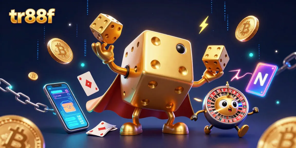Win big at tr88f with a vibrant 3D casino scene featuring golden dice and crypto elements.