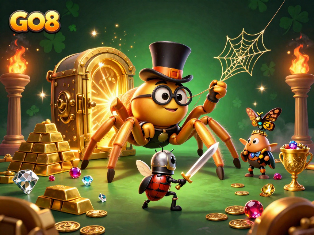 Experience thrilling gaming at GO8 with a golden tarantula and brave beetle knight amidst treasures.