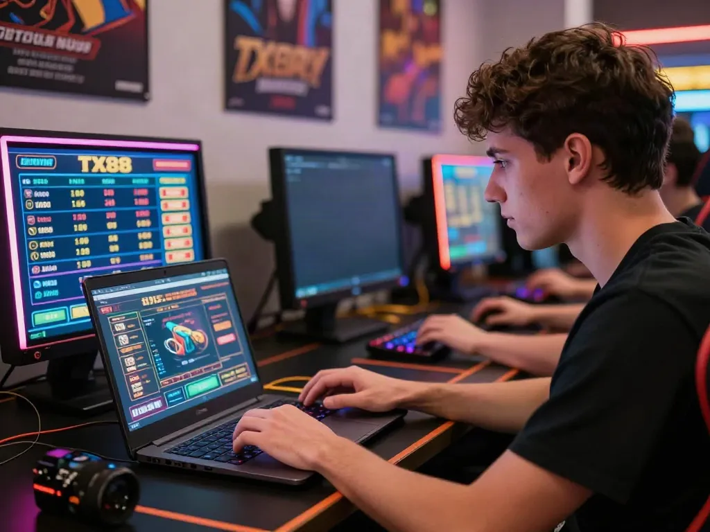 Player immersed in online gaming on TX88 platform with vibrant LED lights and interactive setup.