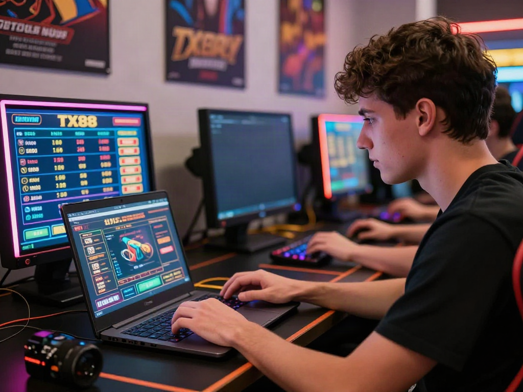 Player immersed in online gaming on TX88 platform with vibrant LED lights and interactive setup.