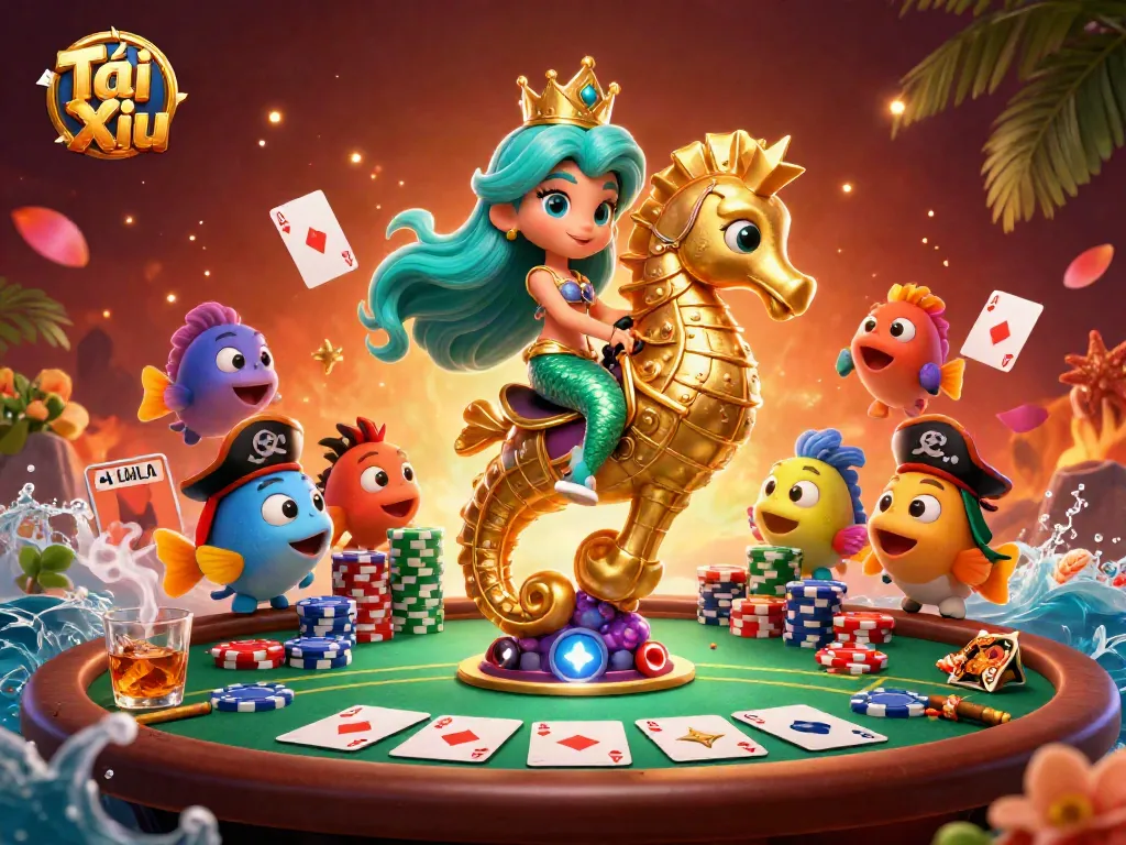 Tài Xỉu gameplay showcased with vibrant mermaid characters and poker elements in an exciting casino scene.