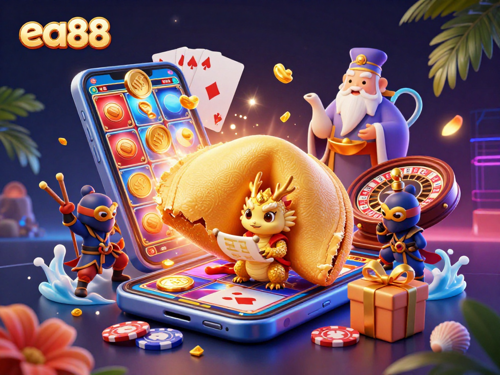 Experience thrilling gameplay with ea88 through a vibrant 3D illustration showcasing dynamic casino elements.