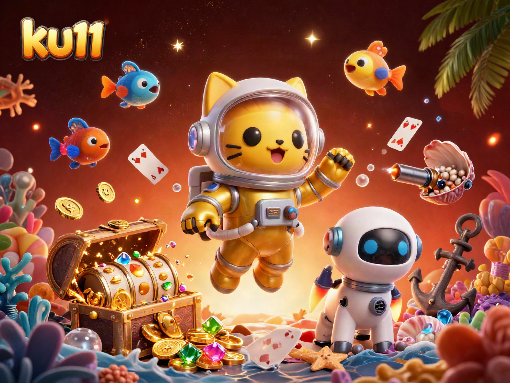 ku11 floating in space with slot reels, robot companions, and cosmic treasures creating a playful gambling scene.