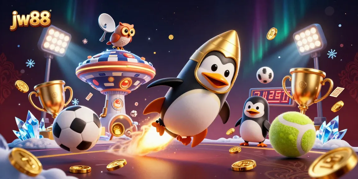 Experience thrilling gameplay with jw88, featuring a golden penguin blasting toward a casino in space.