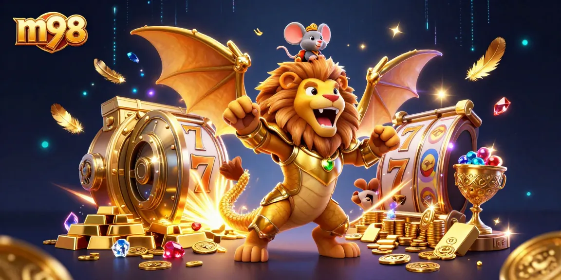 Experience thrilling m98 slot games with a roaring chimera amidst a treasure-filled scene