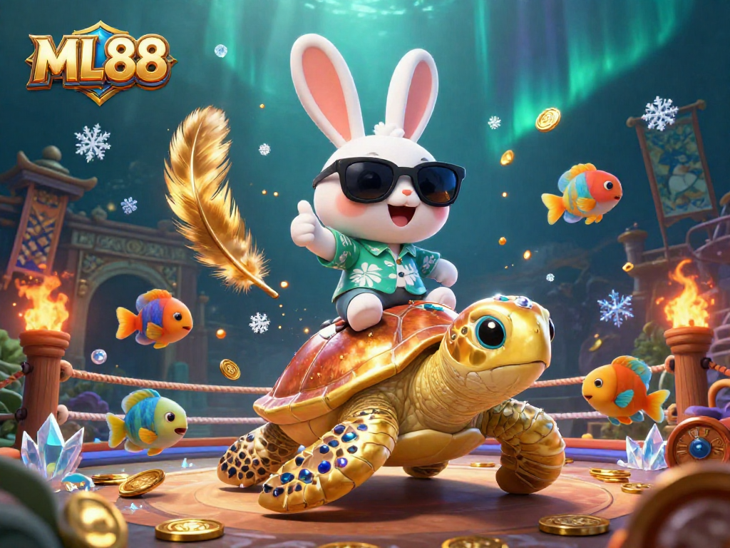 Experience the thrill of playing at ML88 with its vibrant casino scene featuring a lucky rabbit and golden turtle.