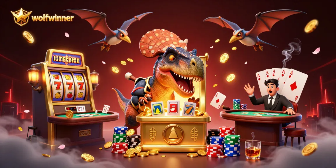 Wolfwinner scene with a pachycephalosaurus activating a slot machine jackpot amidst vibrant casino elements.