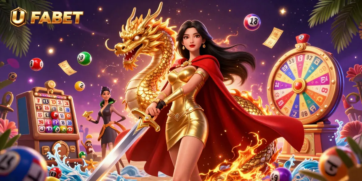 Bet on exciting games at UFABET with dynamic illustrations of a warrior queen and golden dragon.
