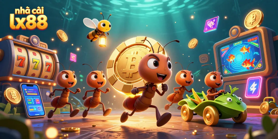 Join the heist at nhà cái lx88 as ants steal a giant poker chip amidst vibrant gambling elements and crypto coins.