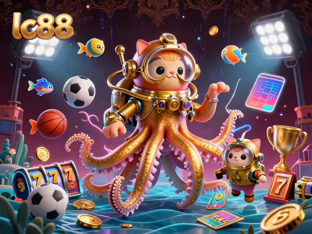 Experience thrilling gaming at lc88 with a kraken, diving cat, and vibrant casino elements.