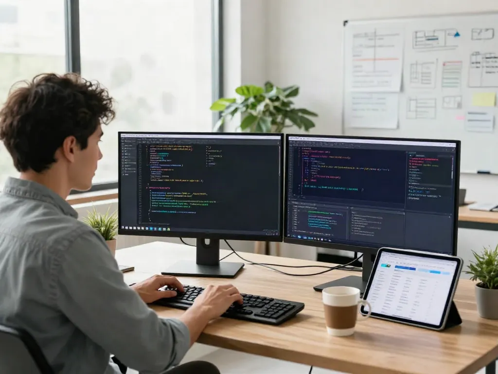 Developer coding in a modern workspace focused on instant indexing.